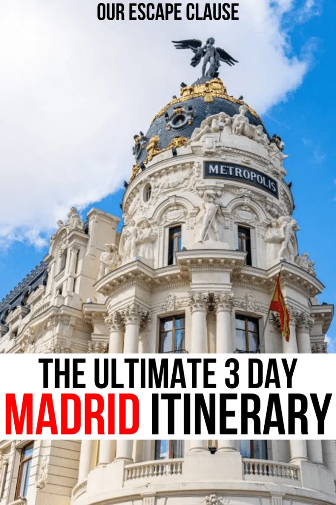 Photo of the Metropolis Building in Madrid. Black and red text on a white background reads "The Ultimate 3 Day Madrid Itinerary"