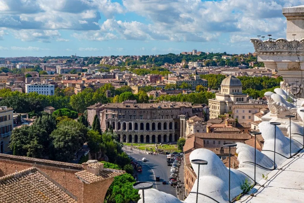 View of Teatro Marcello from the top of the Altar of the Fatherland, with the monument visible in the bottom right foreground of the photo