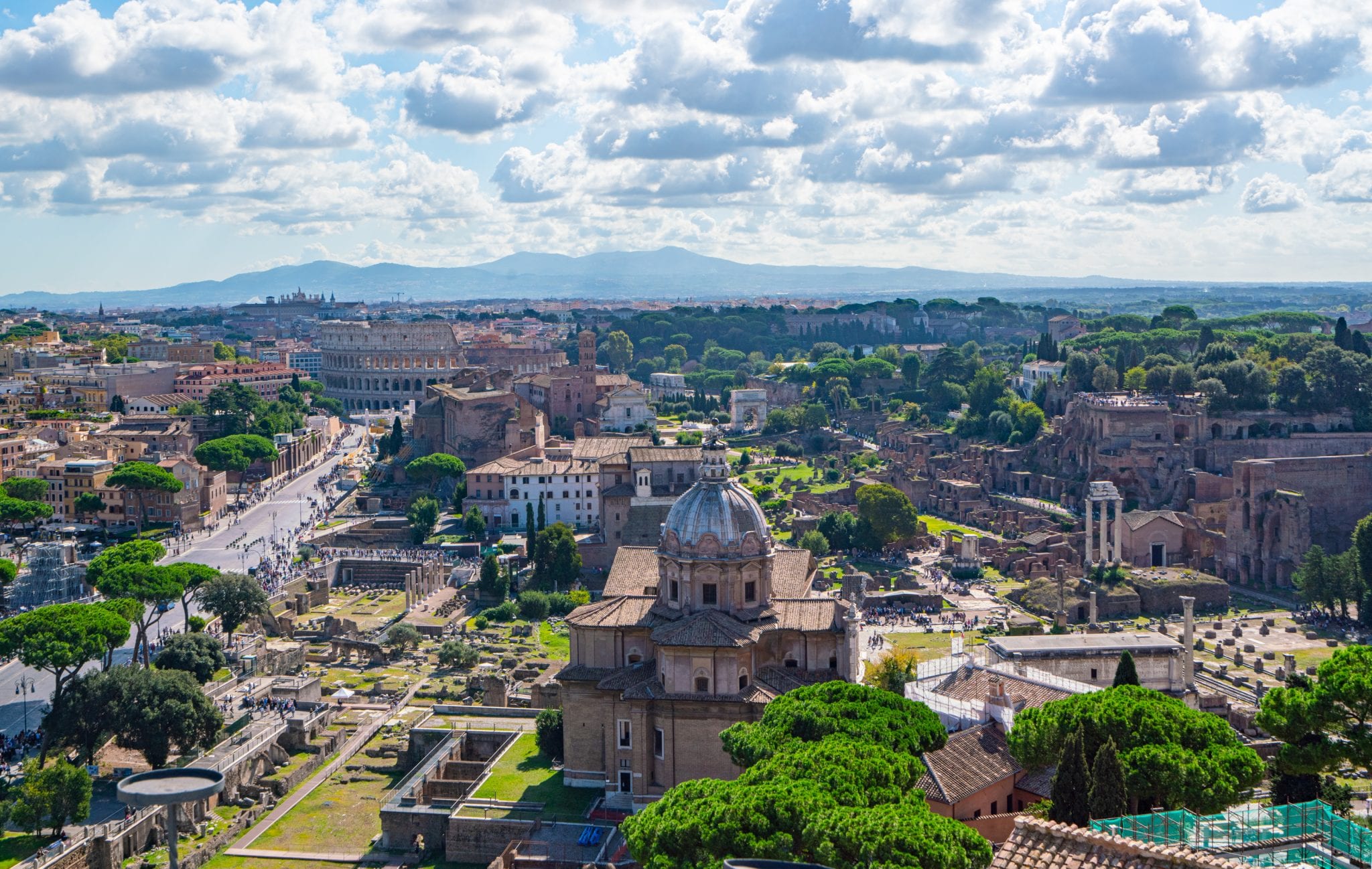 View of the Roman Forum and Colosseum from tha Altare della Patria, one of the best viewpoints in Rome