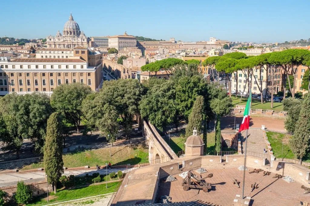 View of part of the castle and St. Peter's Basilica from Castel Sant'Angelo, one of the best views in Rome Italy