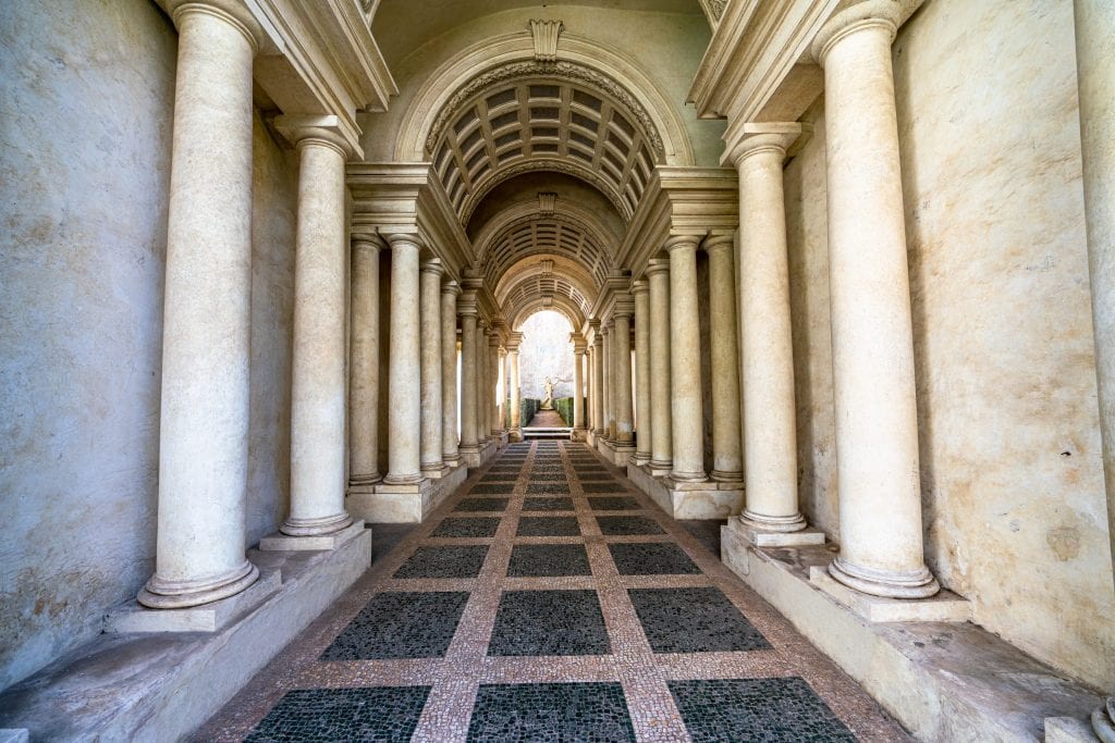 Close up of Borromini forced perspective gallery at Palazzo Spada Rome