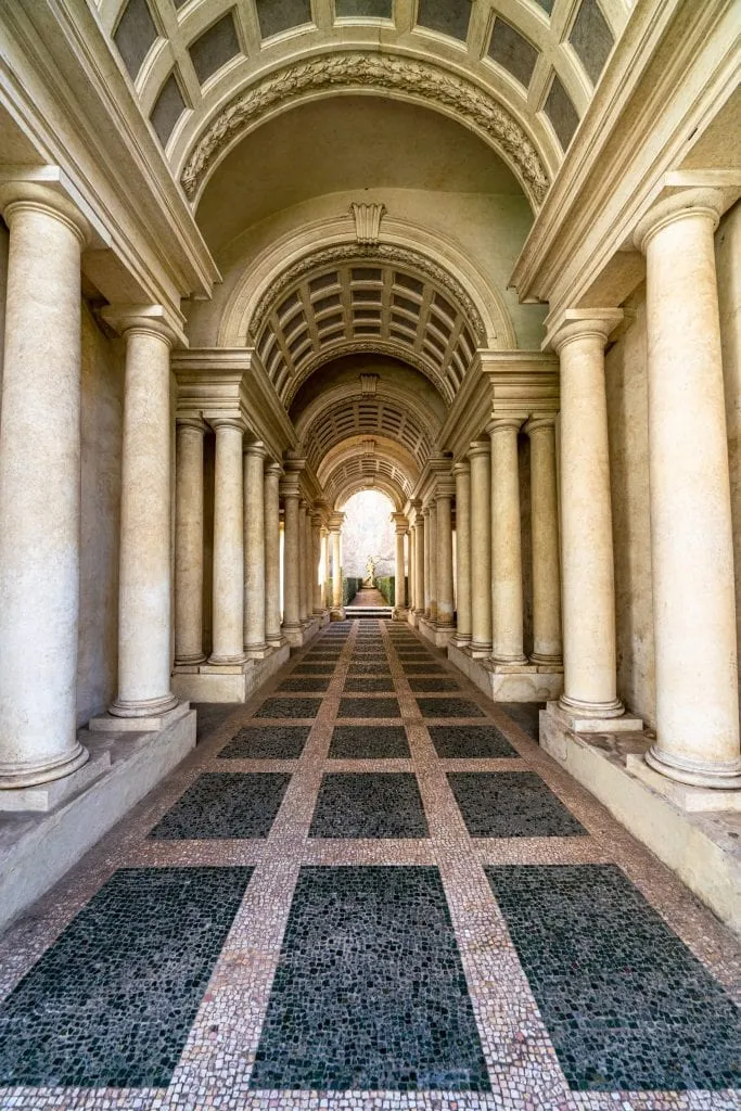Close up of Borromini forced perspective gallery at Palazzo Spada Rome