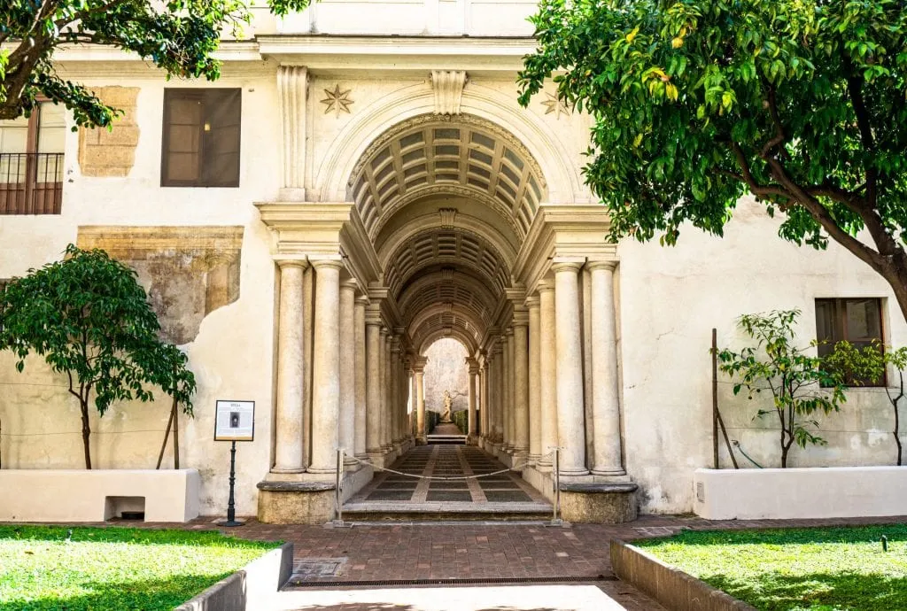 Borromini Forced Perspective Gallery at Palazzo Spada, shot from across the garden