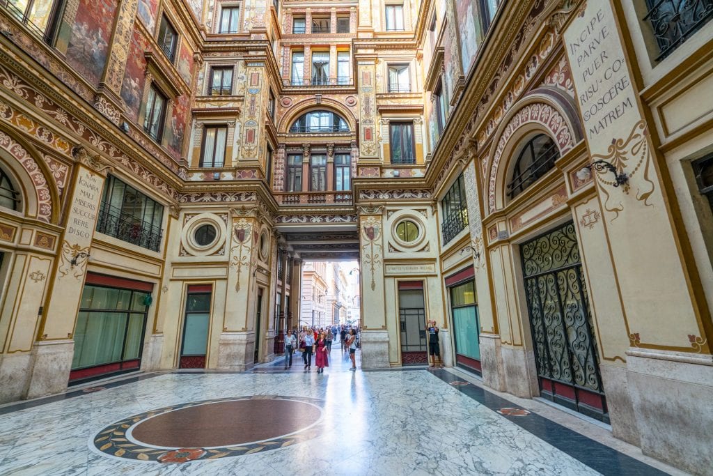 Interior of Galleria Sciarra Rome showing wide expanse of marble floor