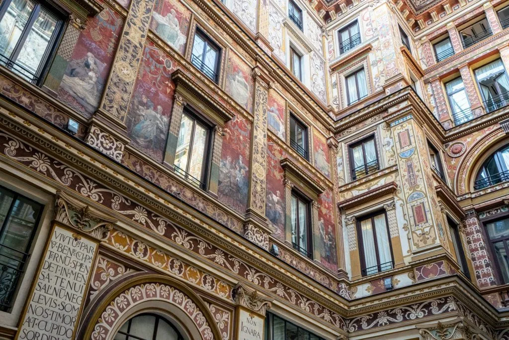 Close up of frescoes in the Galleria Sciarra Rome, shot at an angle