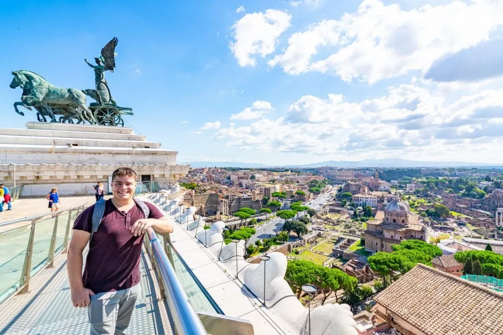 Jeremy Storm standing on the Altar of the Fatherland, overlooking one of the best views of Rome Italy
