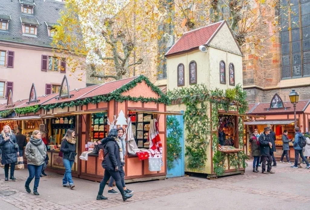 Colmar Christmas market stands set up in Colmar in winter