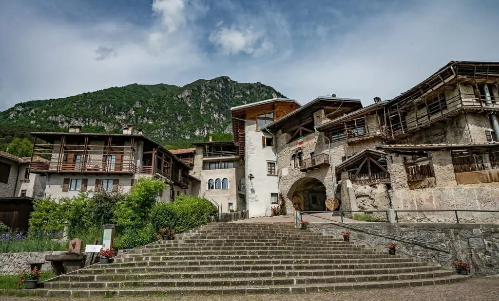 Square in Rango Italy with stairs leading to historic center
