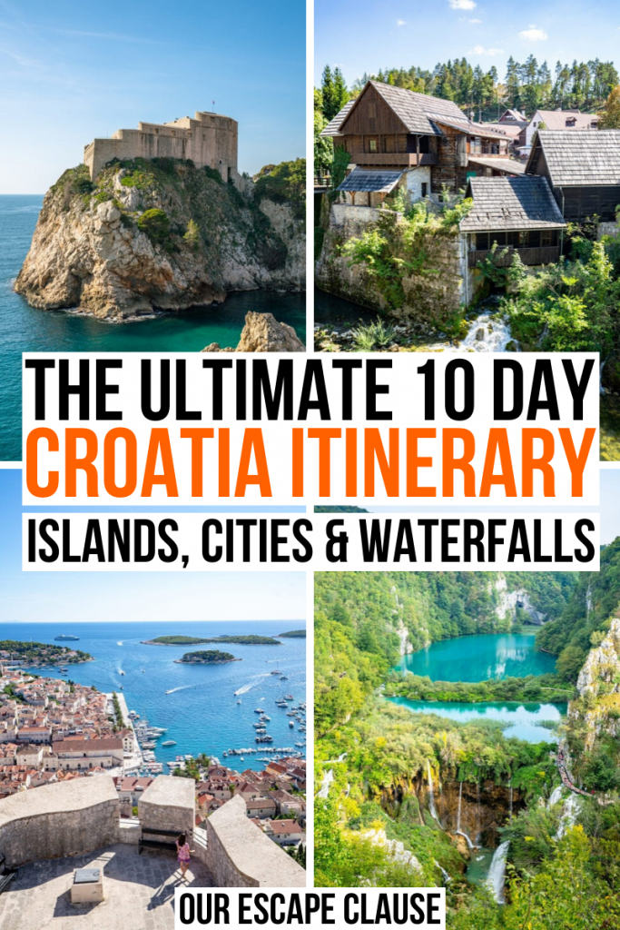 4 photos of Croatia, from top left: fort in Dubrovnik, houses in Rastoke, view from Spanish fortress in Hvar, Plitvice Lakes from above. Black and orange text on a white background reads "the ultimate 10 day Croatia itinerary, islands, cities and waterfalls"