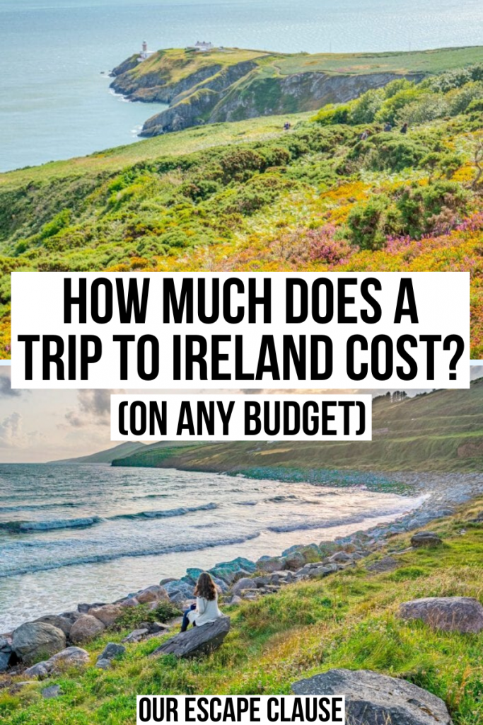 Two photos of Ireland, top photo of Howth Cliff Walk and bottom of Inch Beach at sunset. Black text on a white background reads "how much does a trip to Ireland cost on any budget"