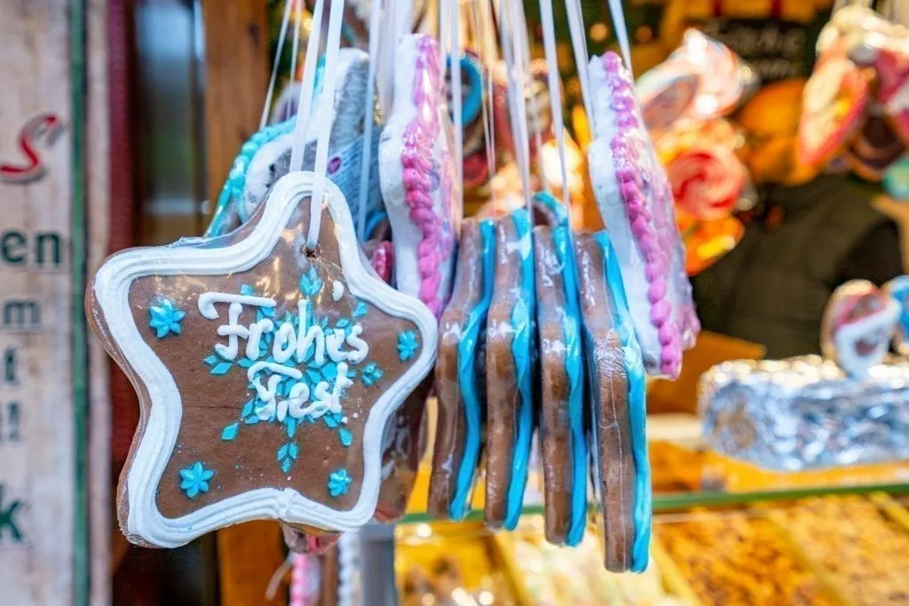 lebkuchen hanging from a stall, one of the most common souvenirs christmas markets europe