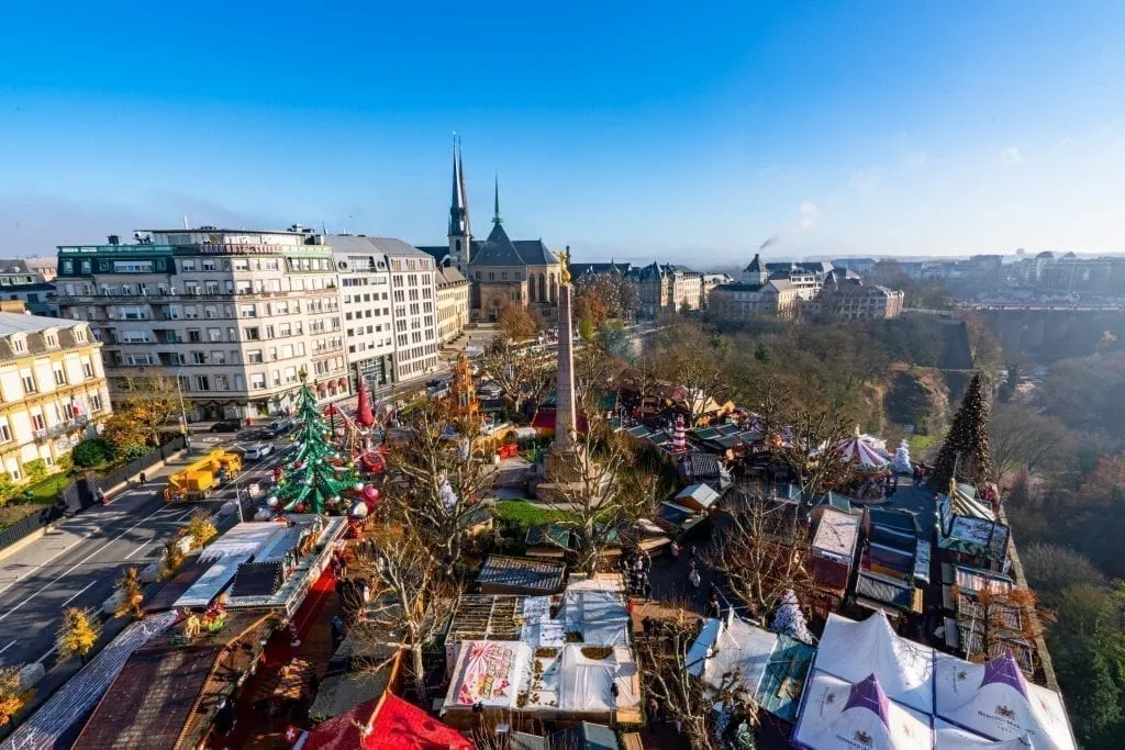 Luxembourg Christmas market from above as seen in a Ferris wheel