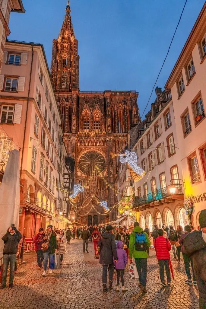 Street in Strasbourg France in the early evening that dead-ends into Strasbourg Cathedral, one of the best things to see in Strasbourg France