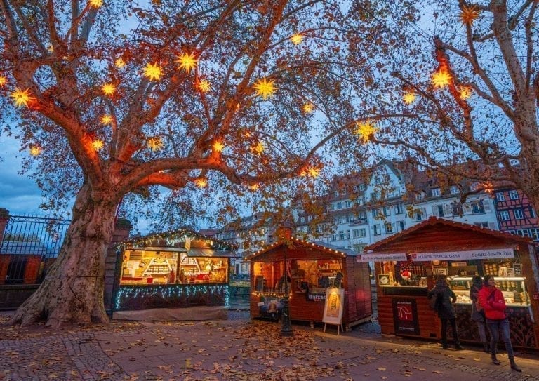 Strasbourg Christmas market stalls set up under a tree with lights in it at twilight
