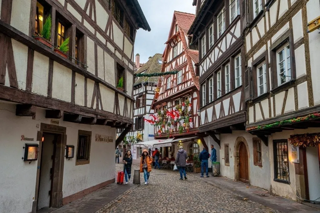 La Petite France neighborhood in Strasbourg in winter with half-timbered houses on either side