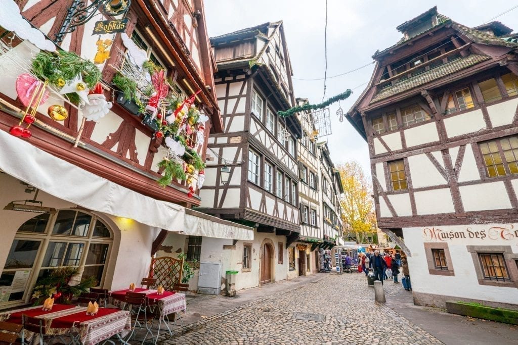 half timbered houses in strasbourg france christmas decorations