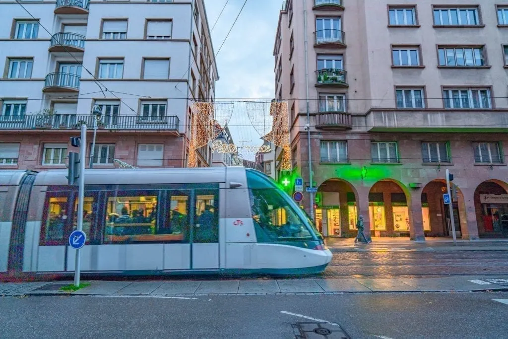 tram in strasbourg france in the early evening