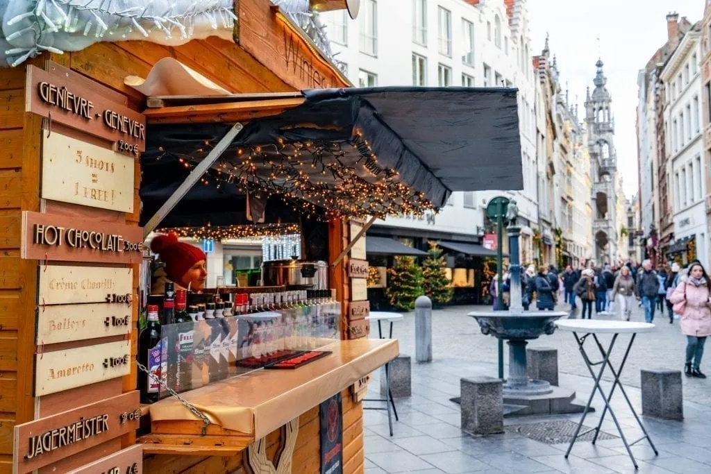 Wooden stall at one of the best Christmas markets in Europe in Brussels Belgium