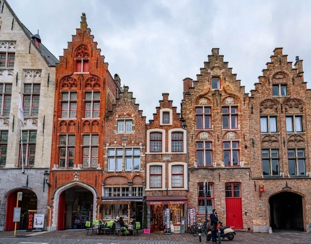 Facades of several typical Flemish buildings in Bruges Belgium, as seen on a day in Bruges