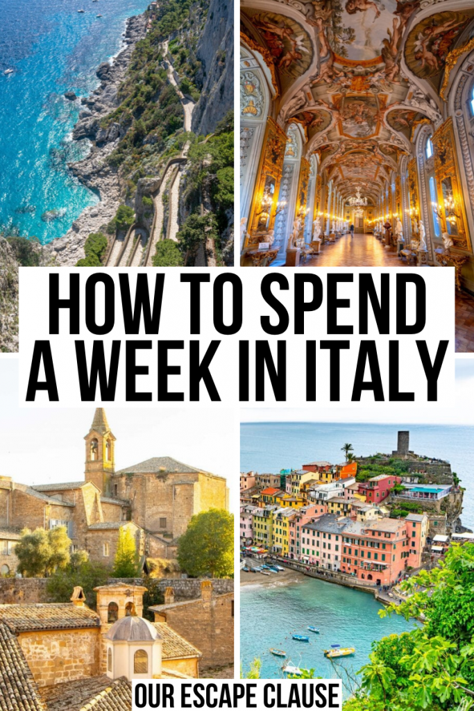 4 photos of Italy: Capri, Palazzo Doria Pamphilj, Orvieto, Vernazza. Black text on a white background reads "How to spend a week in Italy"