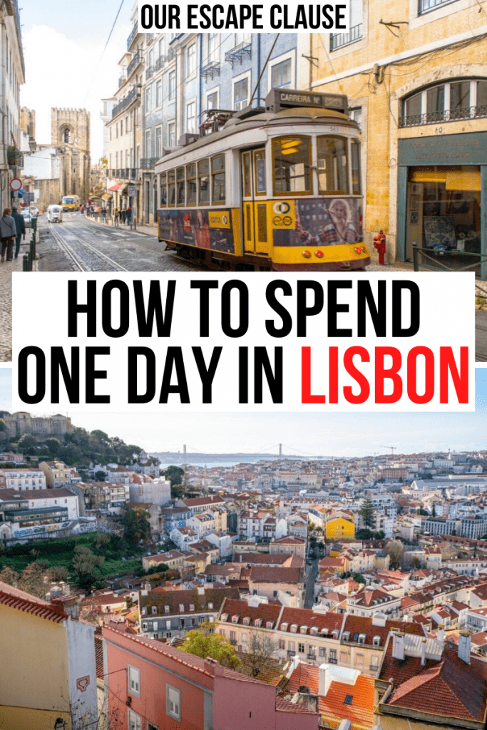 Photo of Lisbon Tram 28 on top and Miradouro da Graca below. Black and red text on a white background in the center of the image reads "how to spend one day in Lisbon"