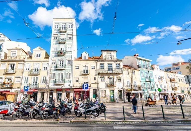 Tiled buildings in the Alfama District of Lisbon Portugal on a sunny day