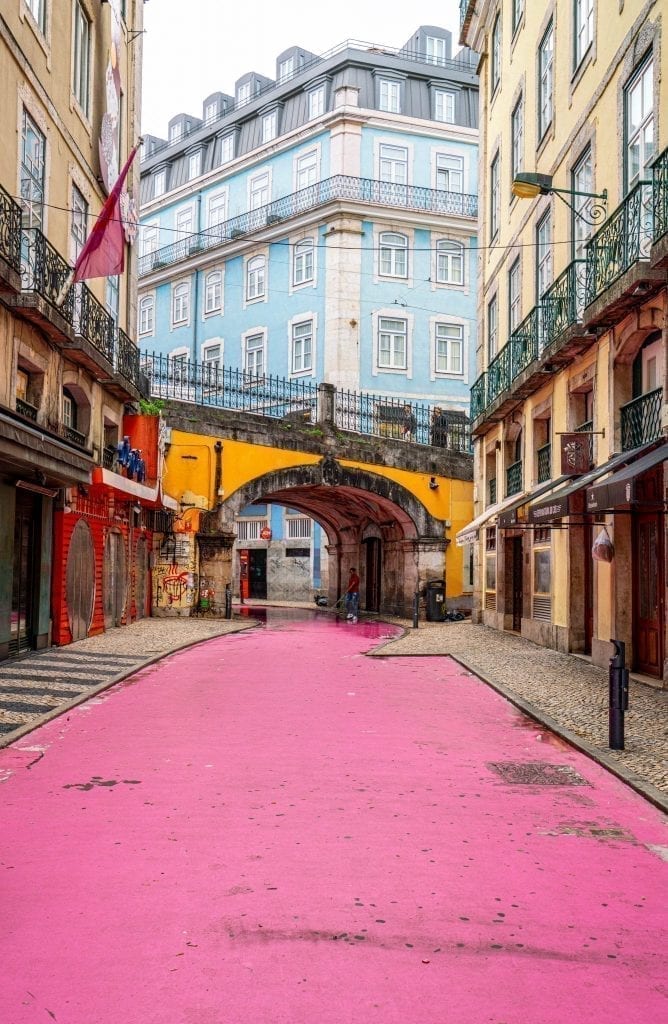lisbon pink street empty in the early morning in lisbon december