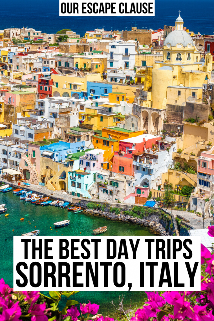 Photo of island of Procida from above. Black text on a white background reads "The best day trips from Sorrento Italy"