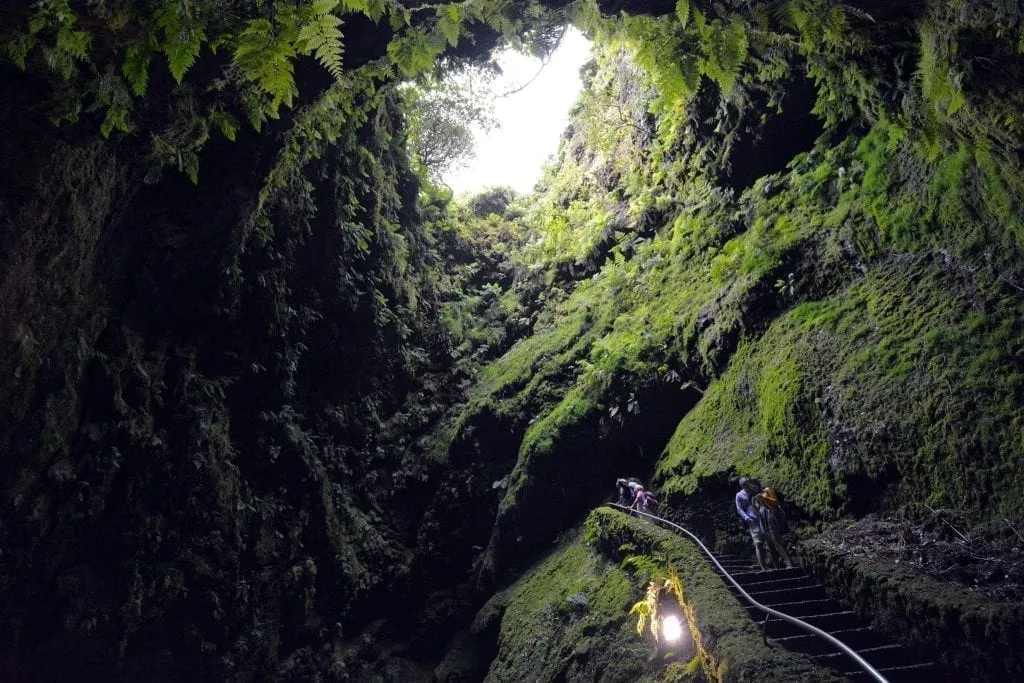 Cave on Terceira Island in the Azores with light shnging in an opening at the top and a trail visible on the right.