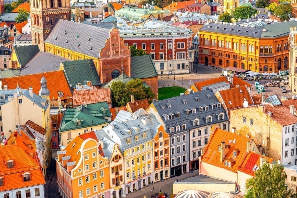 Colorful buildings of Riga Latvia as seen from above. Latvia makes a fabulous, lesser-known European road trip itinerary!