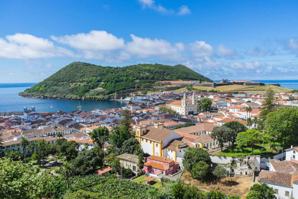 view of from Alto da Memoria, Terceira from above in azores with ocean in the background
