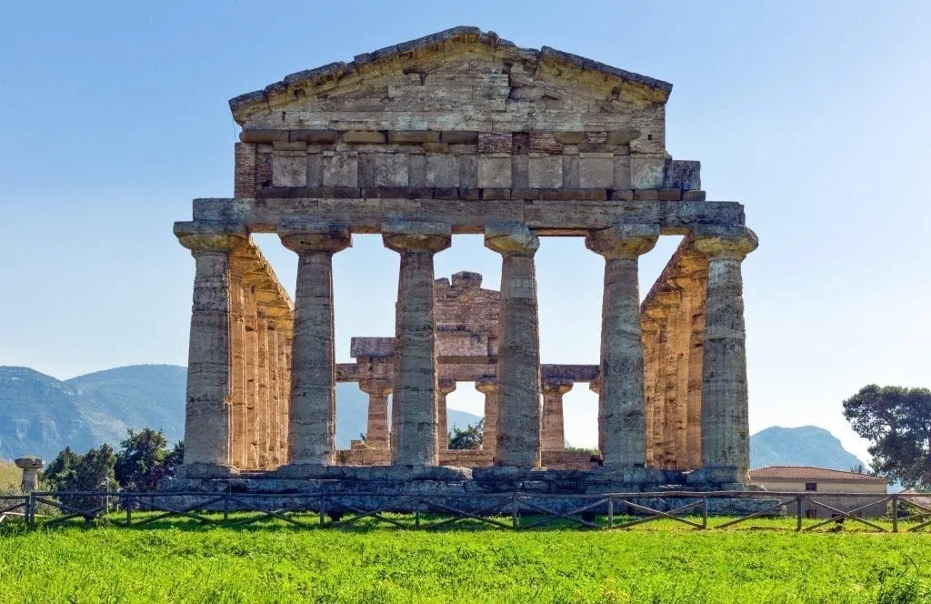 Temple of Athena as seen in Paestum Italy shot dead-on, as seen during a fun Europe road trip itinerary