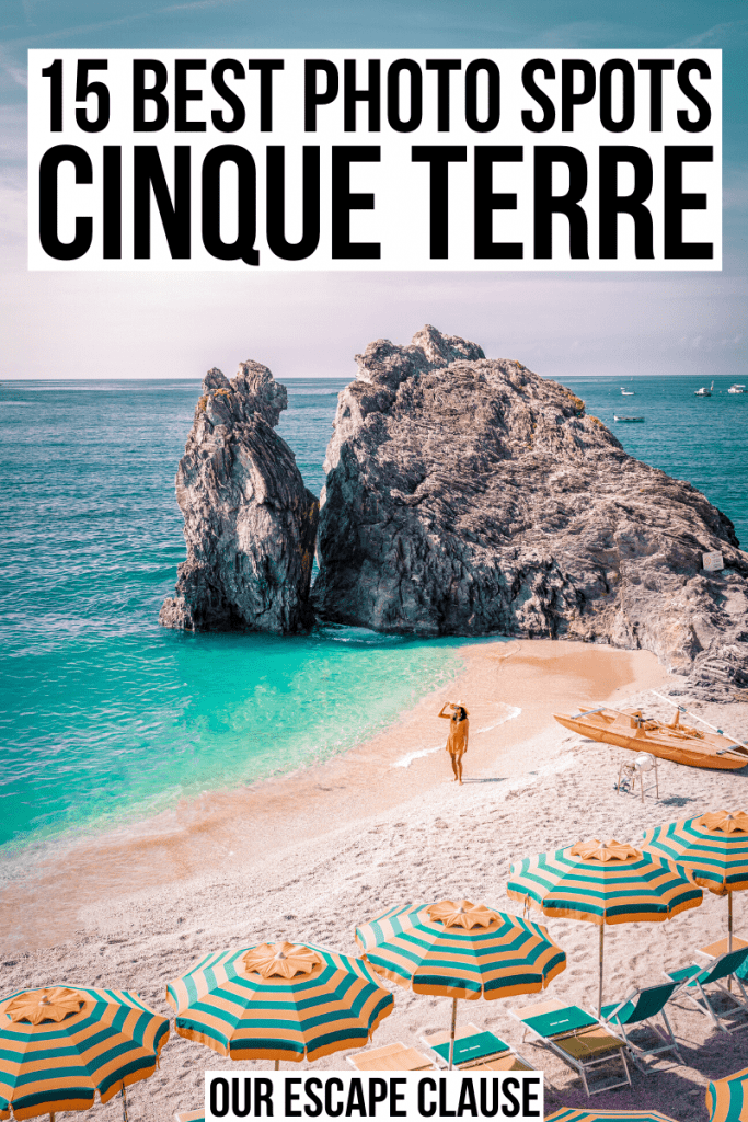 Photo of Monterosso al Mare beach with umbrellas in the foreground and a woman standing in the distance. Black text on a white background reads "15 best photos spots in Cinque Terre"