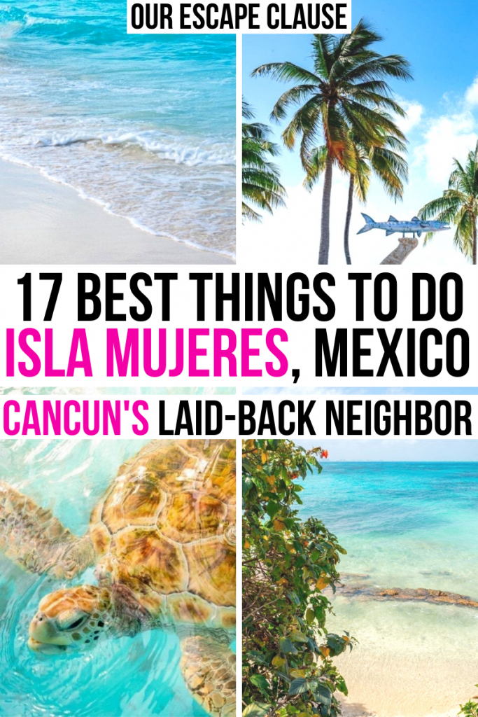4 photos of Isla Mujeres featuring Playa Norte, palm trees, and sea turtles. Black and pink text reads "17 best things to do in isla mujeres mexico"