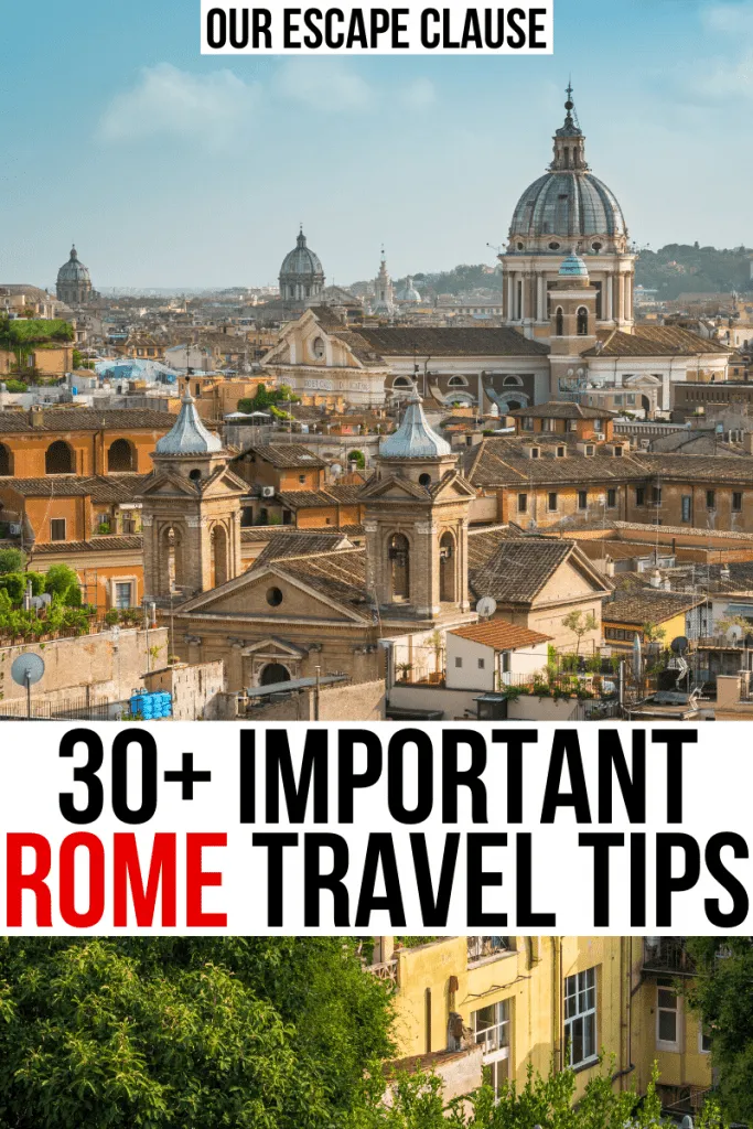 Photo of Rome skyline as seen from Monti. Black and red text on a white background reads "25 important rome travel tips"