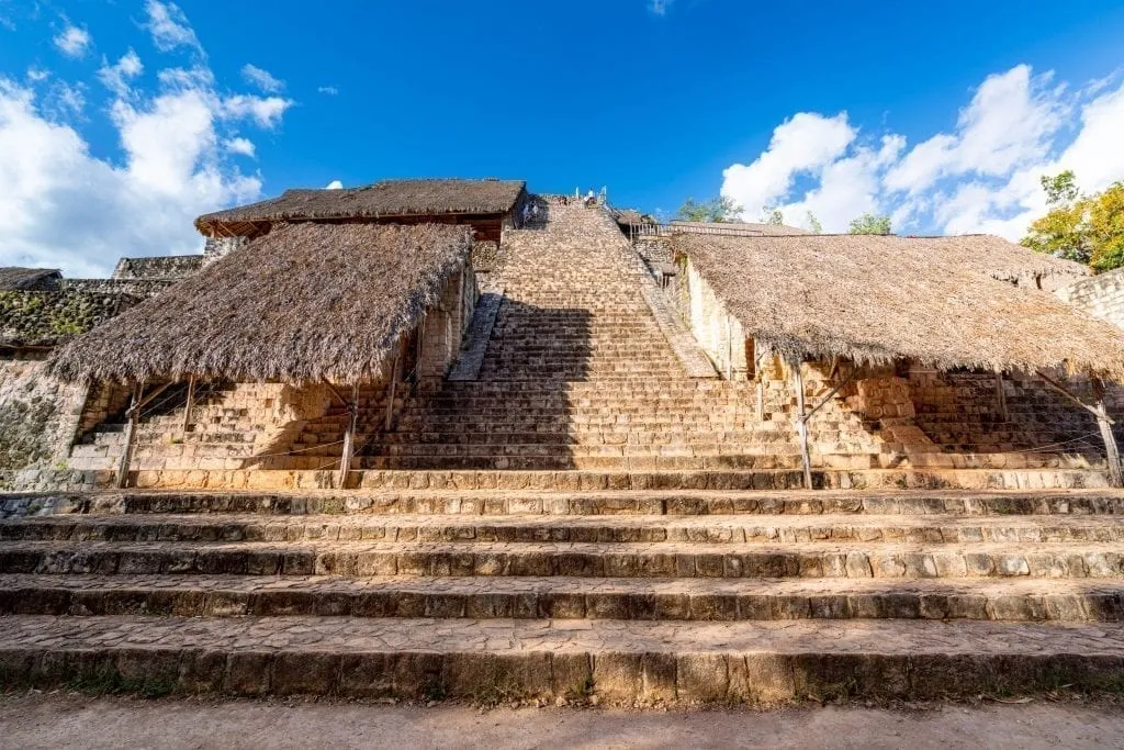 El Torre pyramid as seen when visiting ek balam from valladolid, shot straight on from the bottom