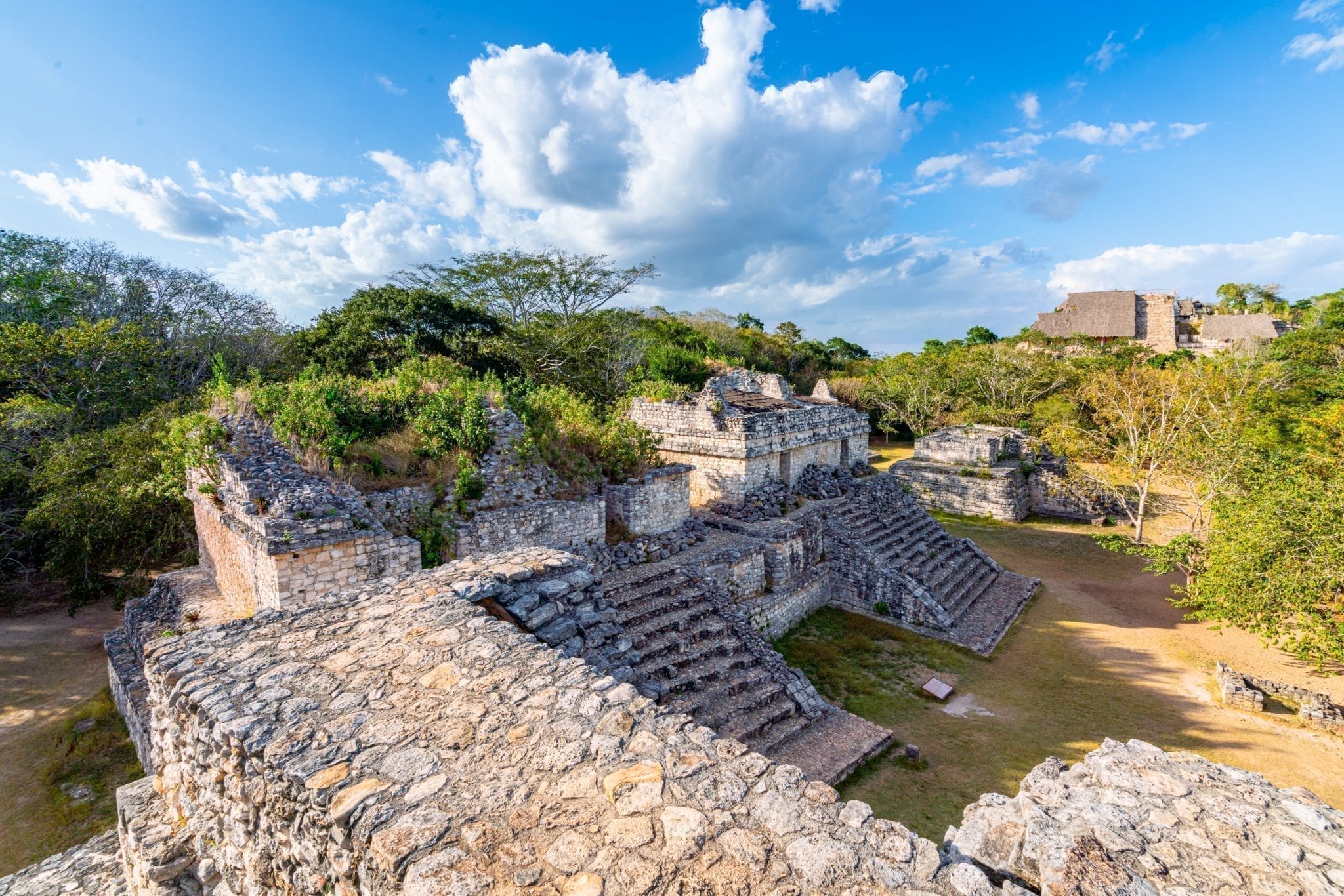 Ek Balam Mayan ruins as seen from above with el torre in the background