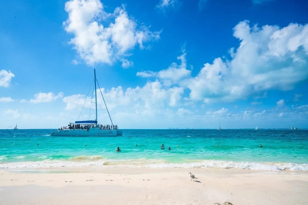 Catamaran offshore near Isla Mujeres Mexico--a catamaran tour to Isla Mujeres makes a fun day trip from Cancun