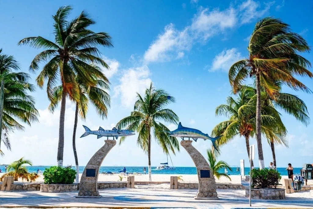 Palm trees and columns topped with shark figurines framing the entrance to a beach on Isla Mujeres