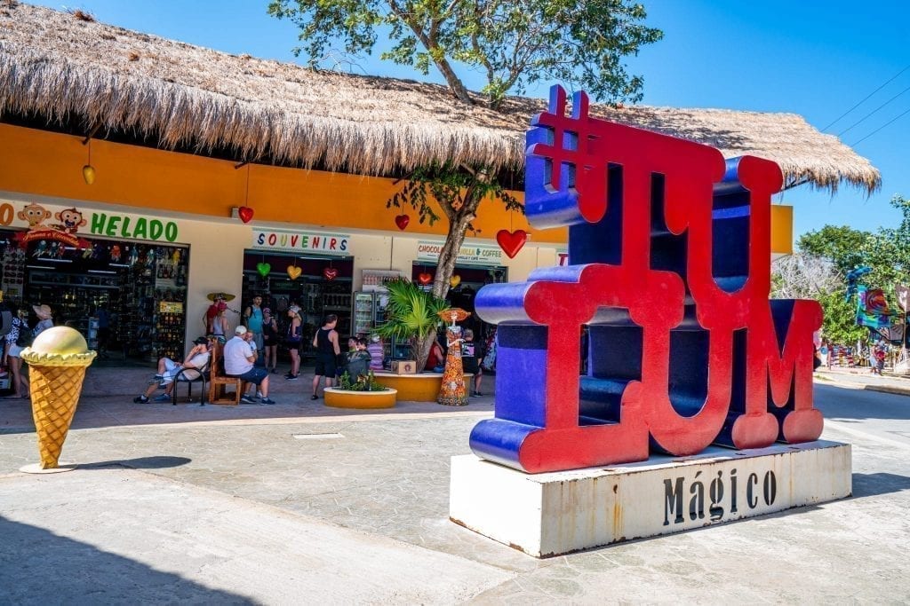 Souvenir Market with a colorful red Tulum sign in front of it in Mexico