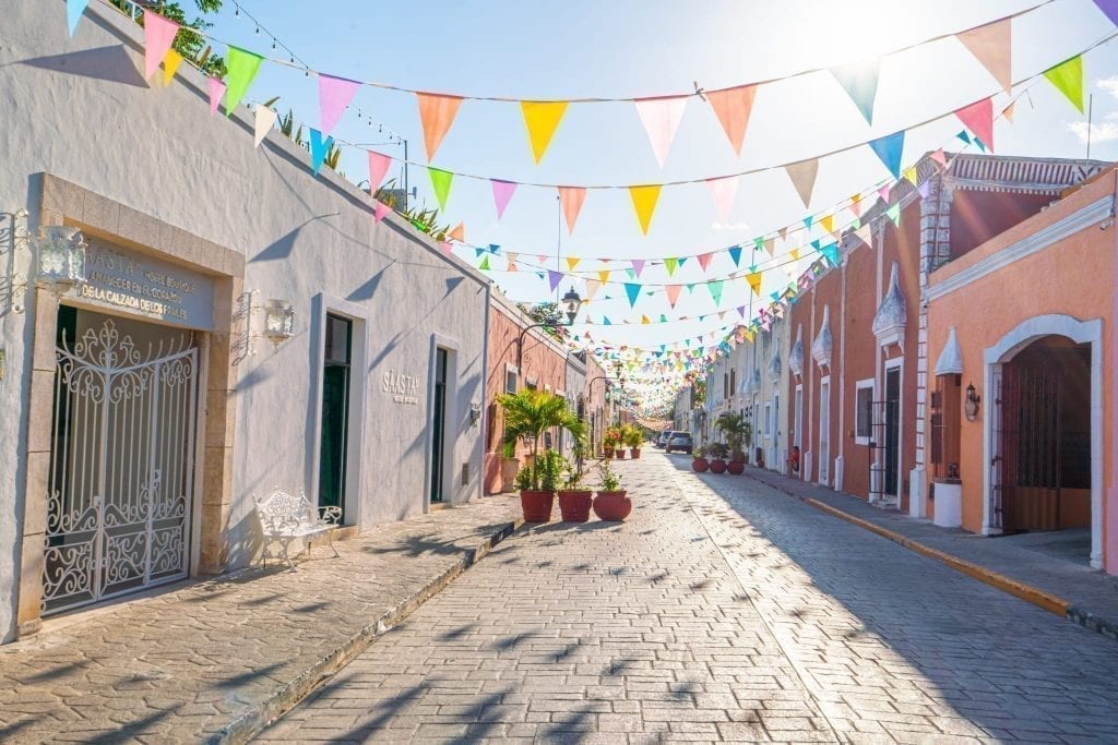 Colorful street in Valladolid Mexico as seen on a Yucatan road trip