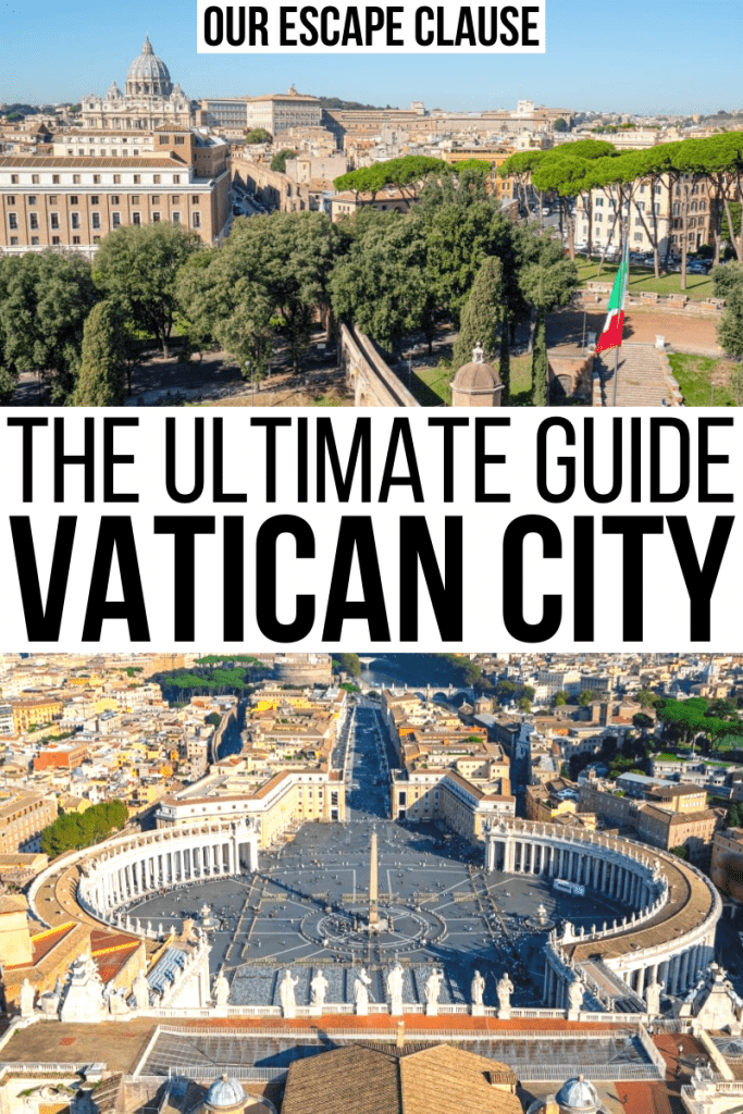 Photo of Vatican City from above on top of a view of St. Peter's Square from above. Black text on a white background reads "the ultimate guide vatican city"