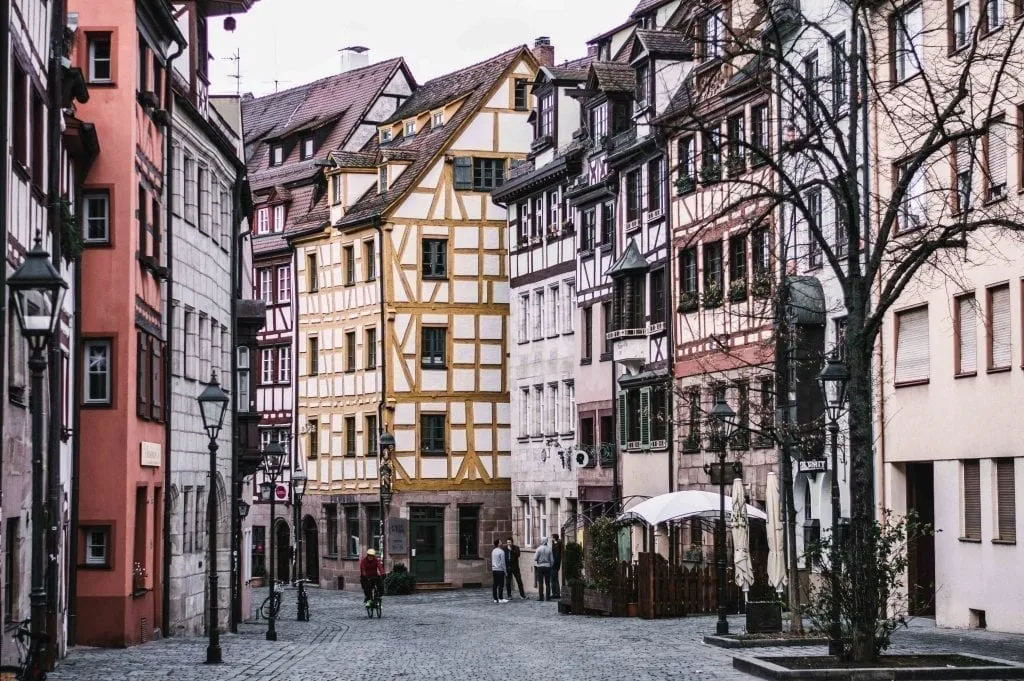 Colorful half-timbered houses on a quiet street in Nuremberg Germany