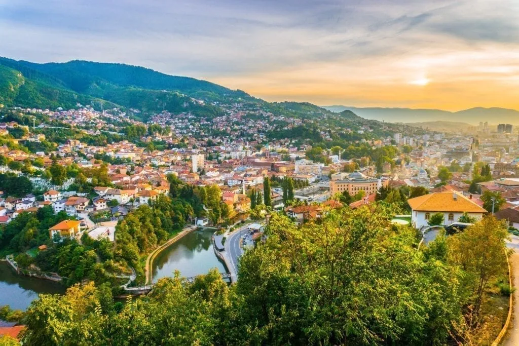 Sarajevo as seen from above near sunset. Sarajevo is one of the best hidden gems in Europe for travelers coming from a different continent!
