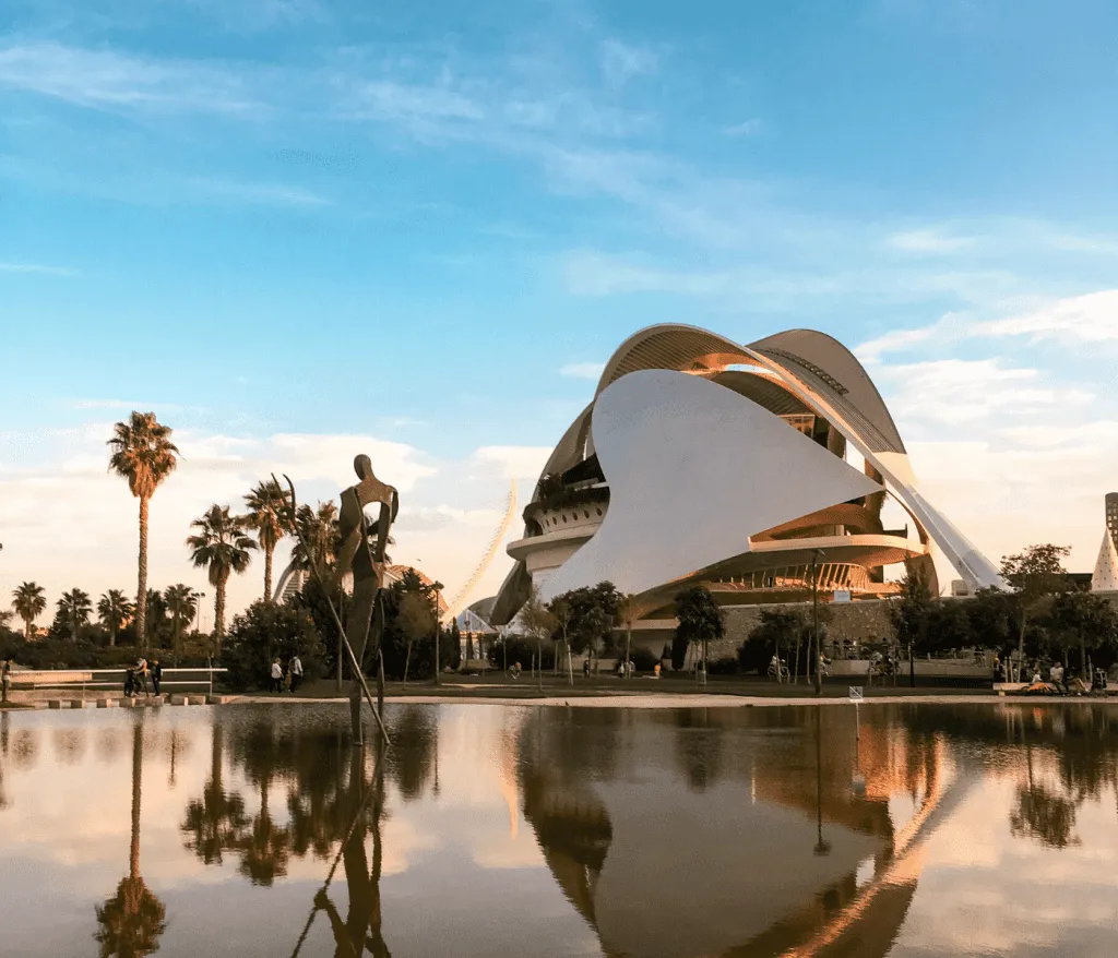 Reflective pool in Valencia Spain at sunset