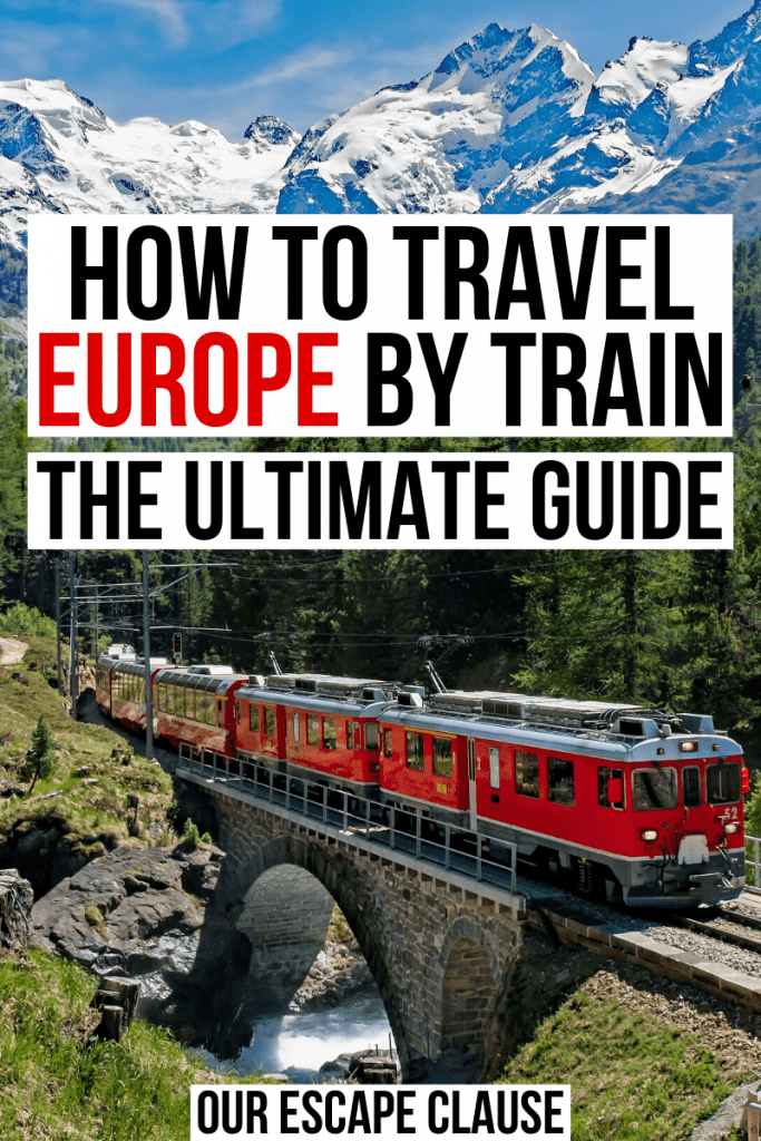 Photo of a red train in Switzerland with mountains in the background, black and red text on a white background reads "how to travel europe by train the ultimate guide"