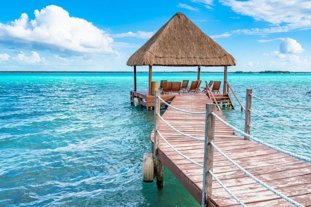 Overwater deck overlooking Bacalar lagoon, one of the best places to visit Yucatan road trip