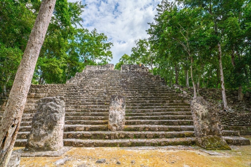 staircase leading up a pyramid to climb at calakmul mayan archaelogical sites mexico