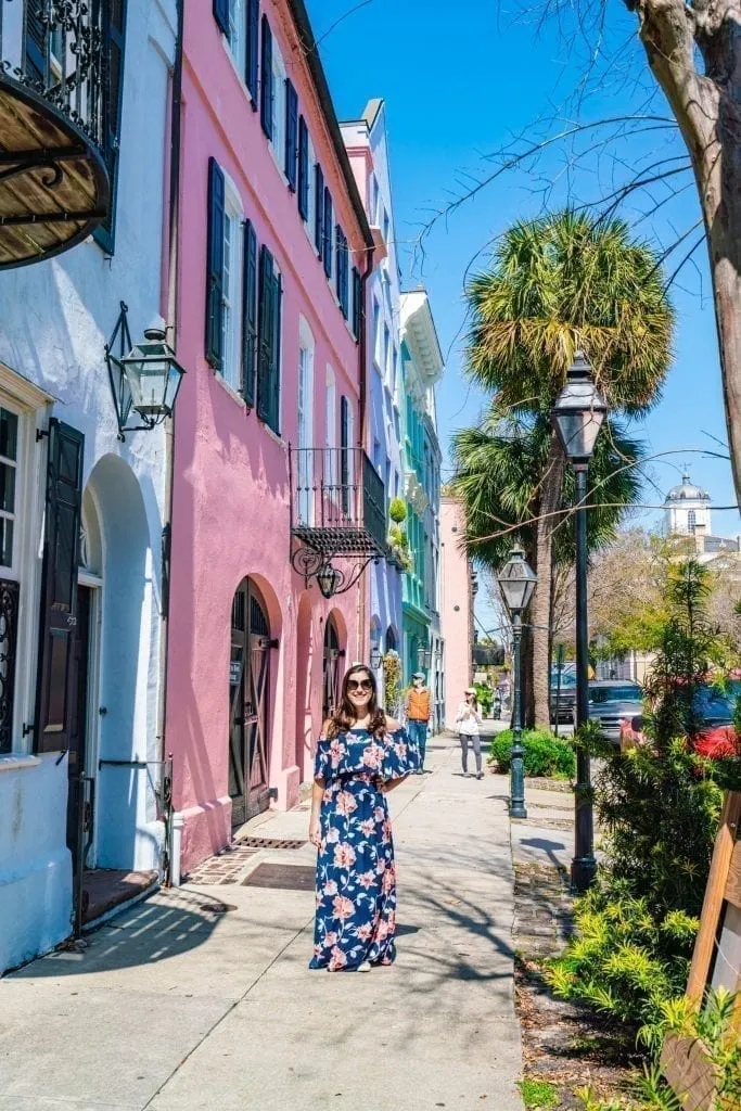 kate storm in a floral dress at rainbow row in charleston sc