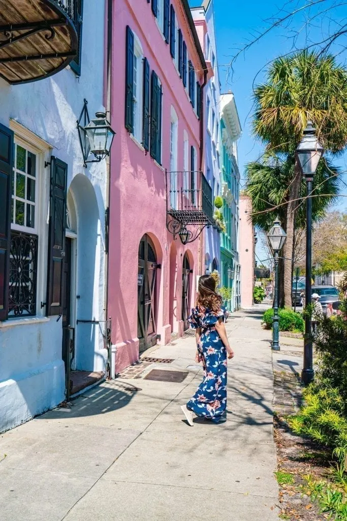 kate storm in a floral dress at rainbow row in charleston sc